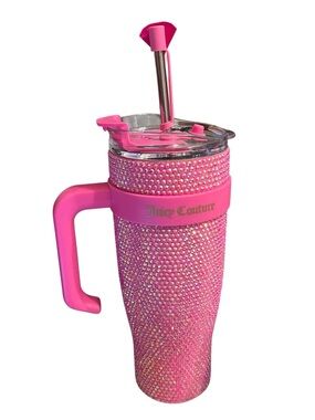 Juicy Couture 10” Hot Pink Rhinestone Tumbler with Handle and Straw